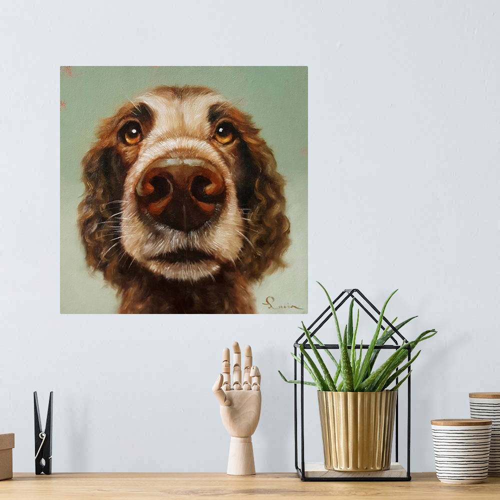 A bohemian room featuring A contemporary painting of a cocker spaniel against a green backdrop.