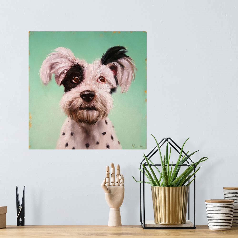 A bohemian room featuring A contemporary painting of a terrier against a green backdrop.