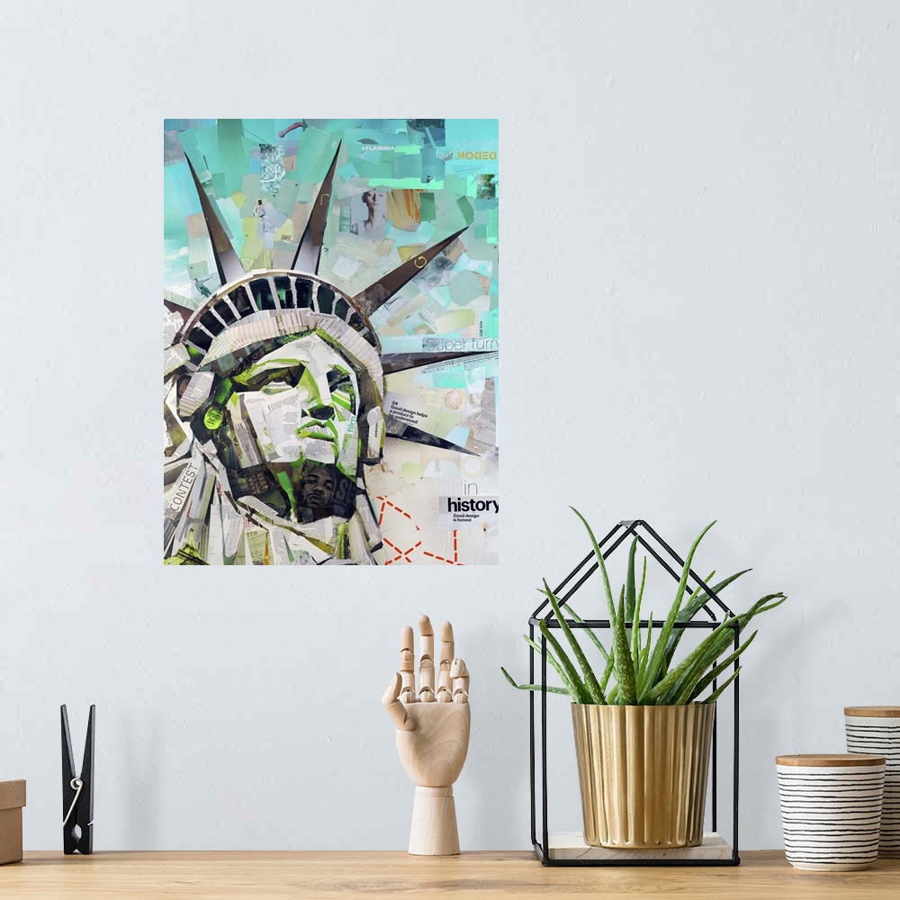 A bohemian room featuring Mixed media artwork of the statue of liberty made from cut magazine and book pages.
