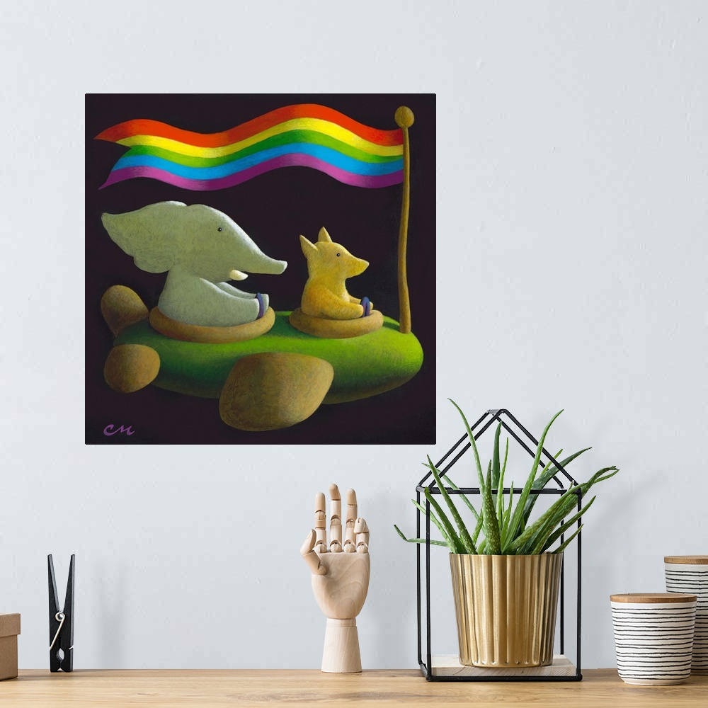 A bohemian room featuring Contemporary painting of a a dog and an elephant flying an airplane with a rainbow flag overhead.