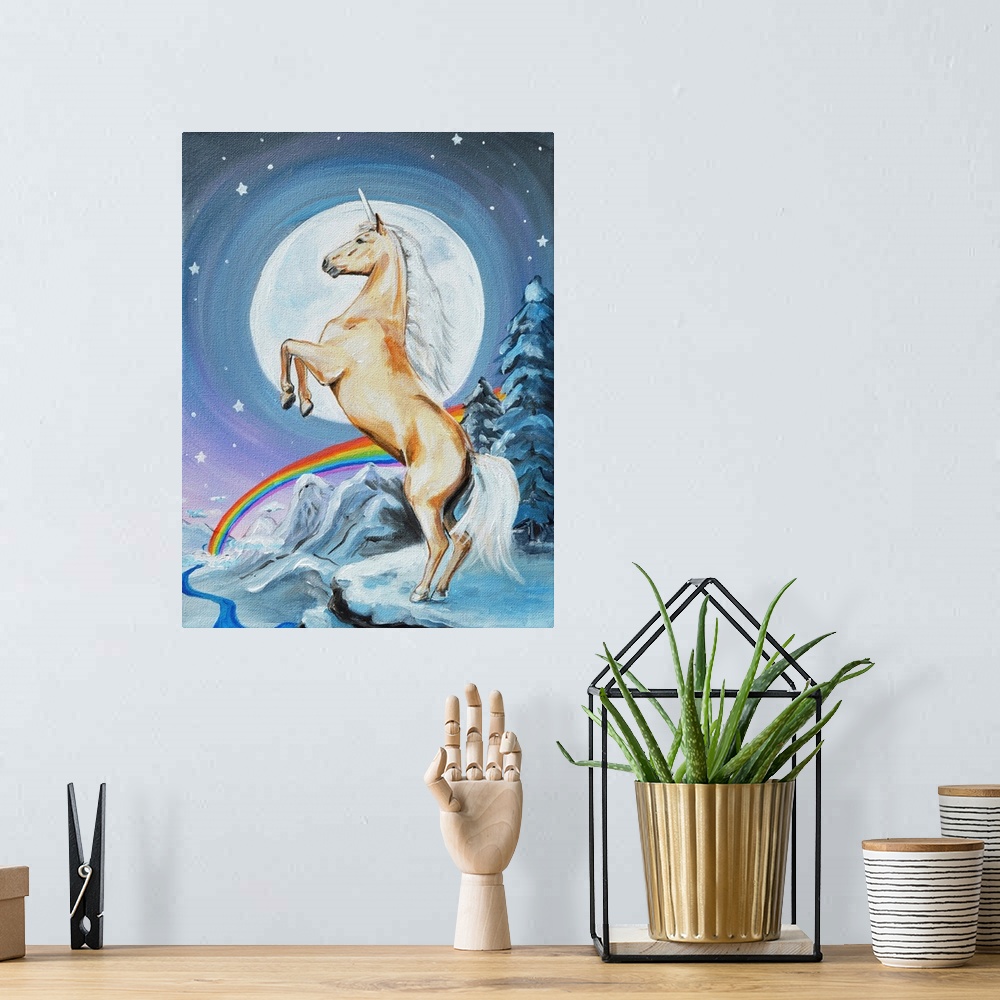 A bohemian room featuring Whimsical painting of a unicorn in a mountainous snowscape with a rainbow in the background.