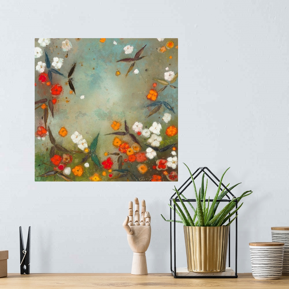 A bohemian room featuring Contemporary painting of garden flowers in white red and orange.