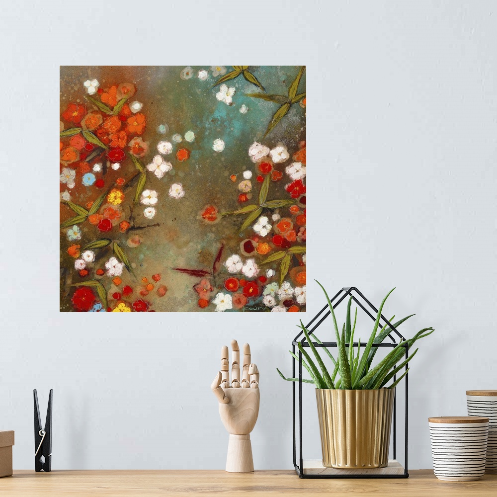A bohemian room featuring Contemporary painting of vibrant orange flowers mixed with bright white flowers.