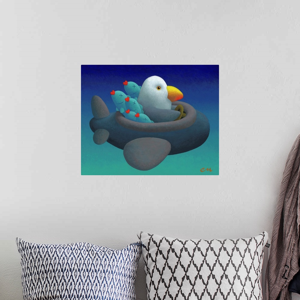 A bohemian room featuring Comical painting of a bird flying home after catching some fish.