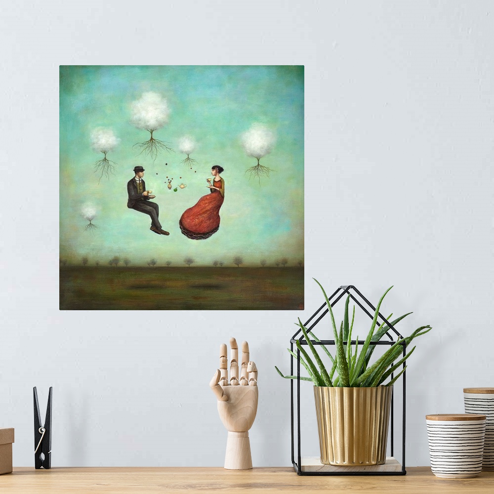 A bohemian room featuring Contemporary surreal artwork of a woman and man having tea while floating in the air.