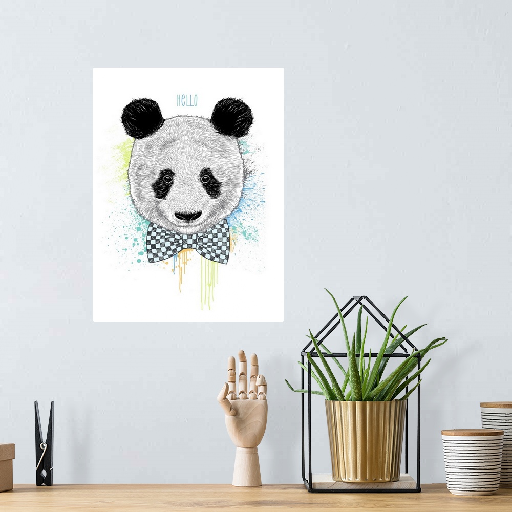 A bohemian room featuring A digital illustration of a panda with a bow tie against splashes of color and "Hello" above.