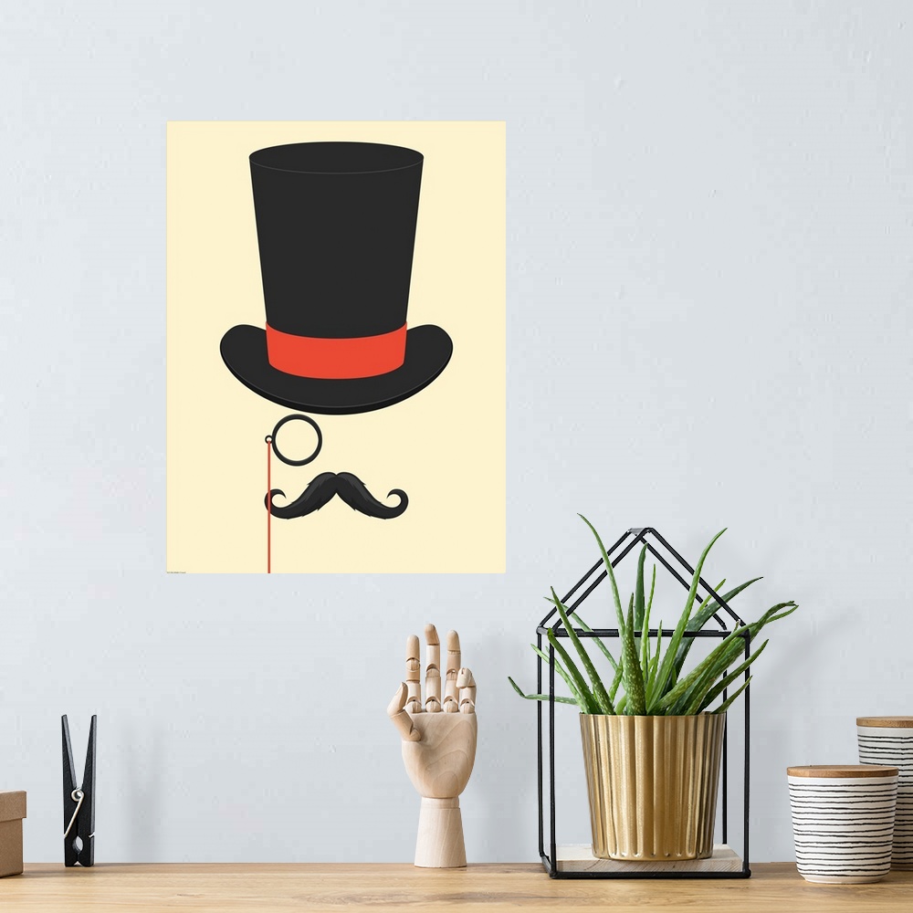 A bohemian room featuring Illustration of a mustache, top hat and monocle.