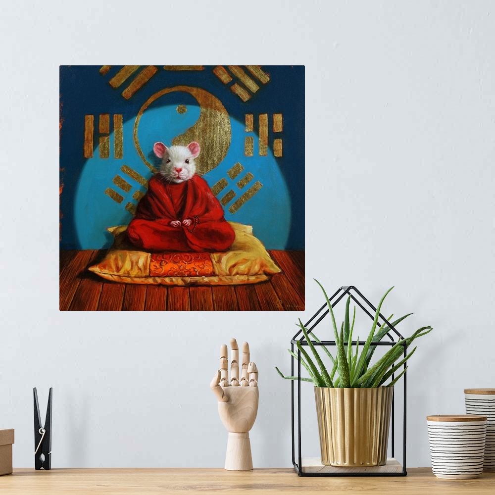 A bohemian room featuring A contemporary painting of a mouse meditating on a cushion.