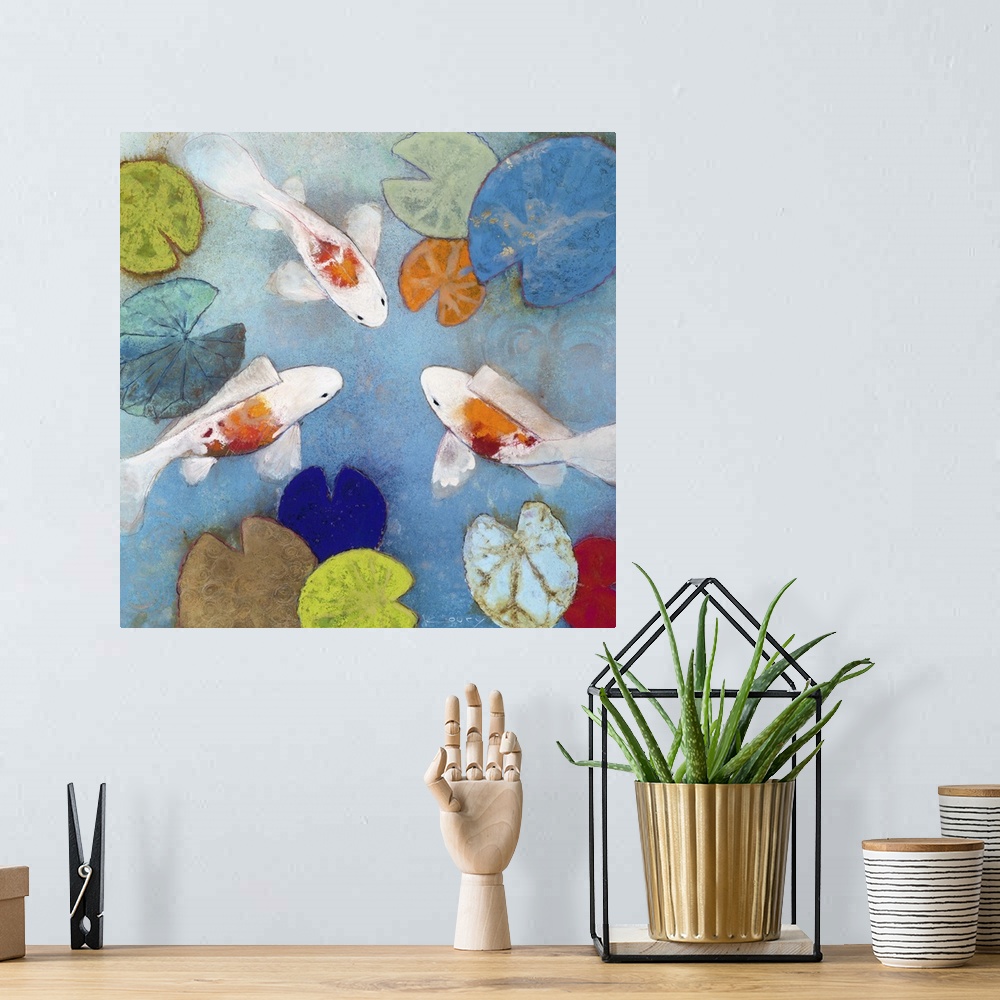 A bohemian room featuring Contemporary paining looking down on koi swimming in a pond.