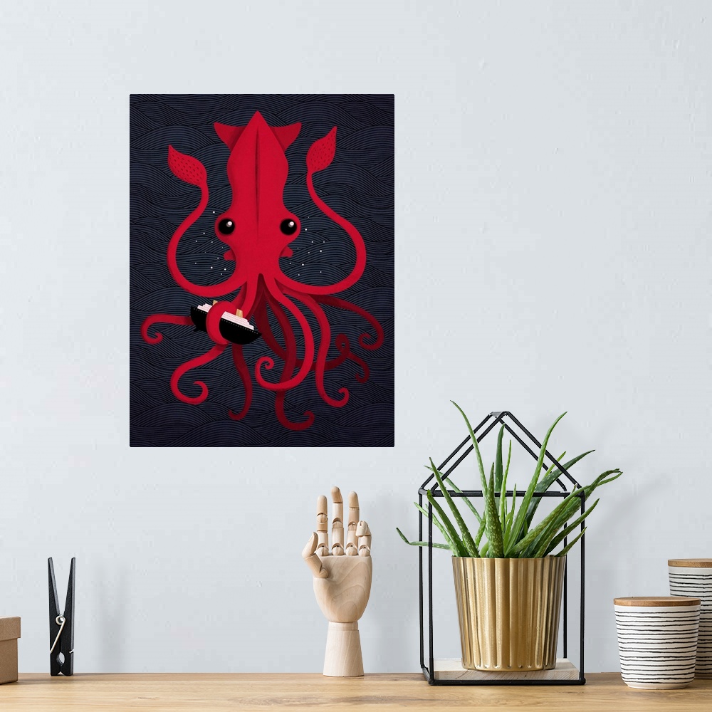 A bohemian room featuring A digital illustration of a ship that has been captured by a large red Kraken.
