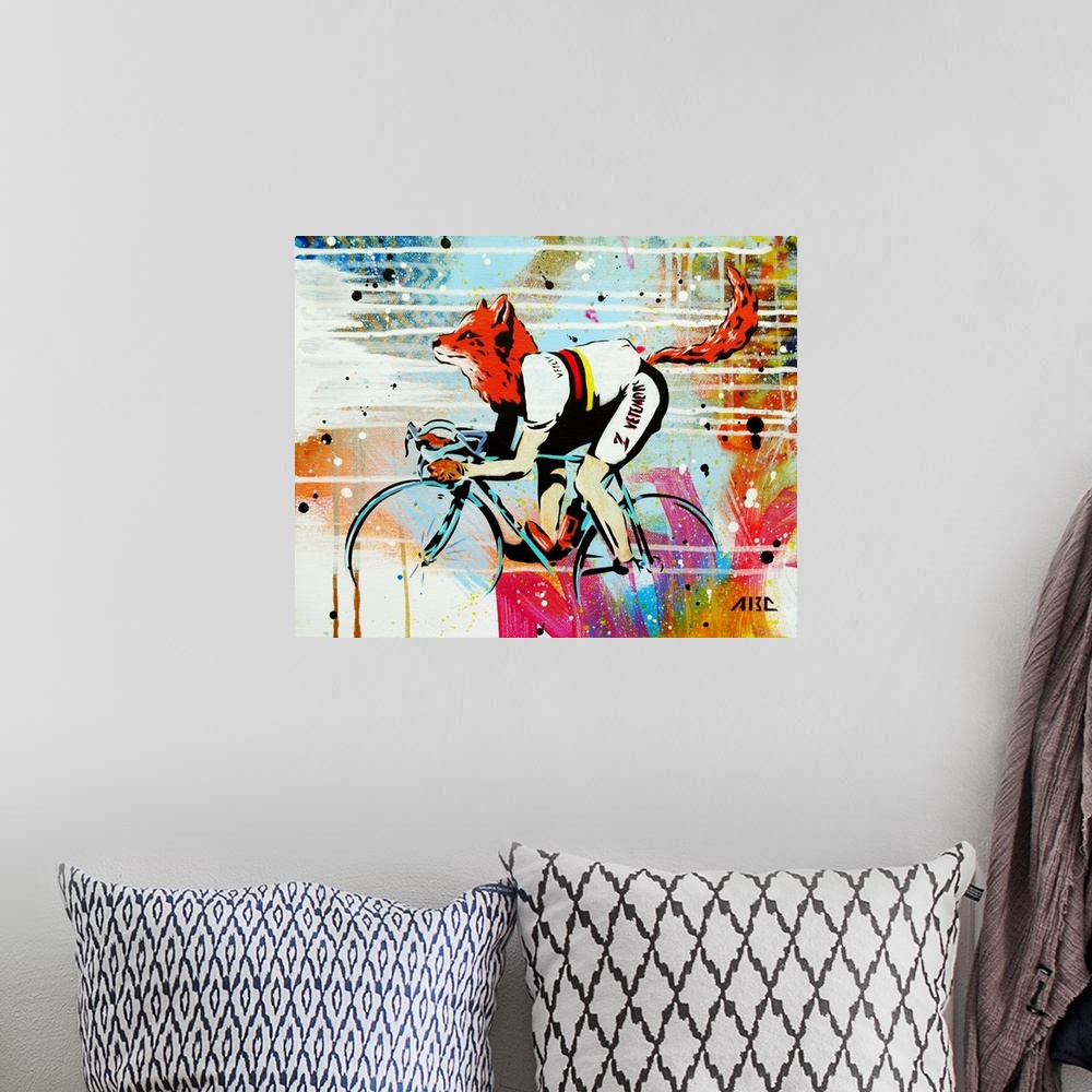 A bohemian room featuring Colorful illustration of a fox on a racing bicycle.