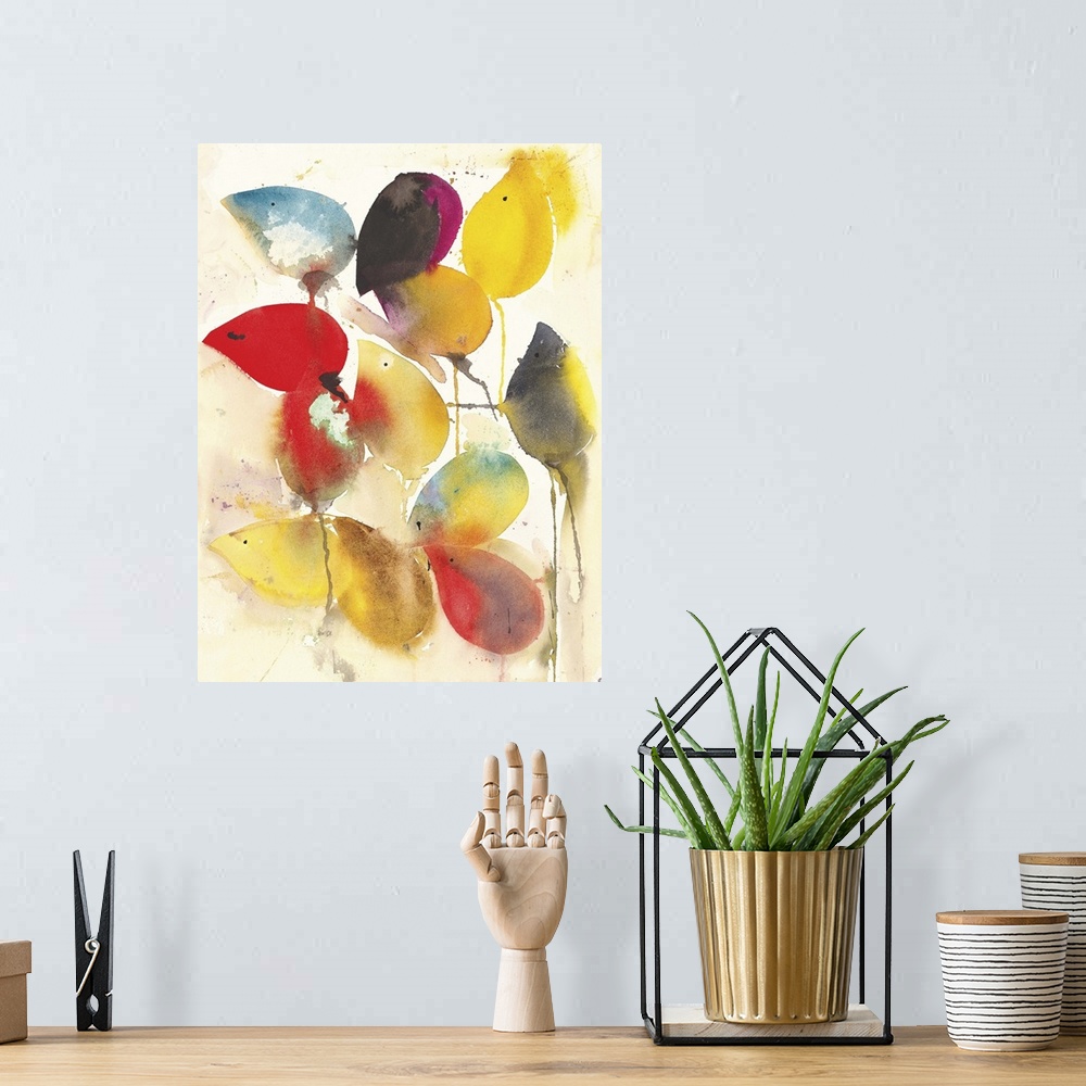 A bohemian room featuring Contemporary abstract watercolor painting of vibrant colored autumn leaves.