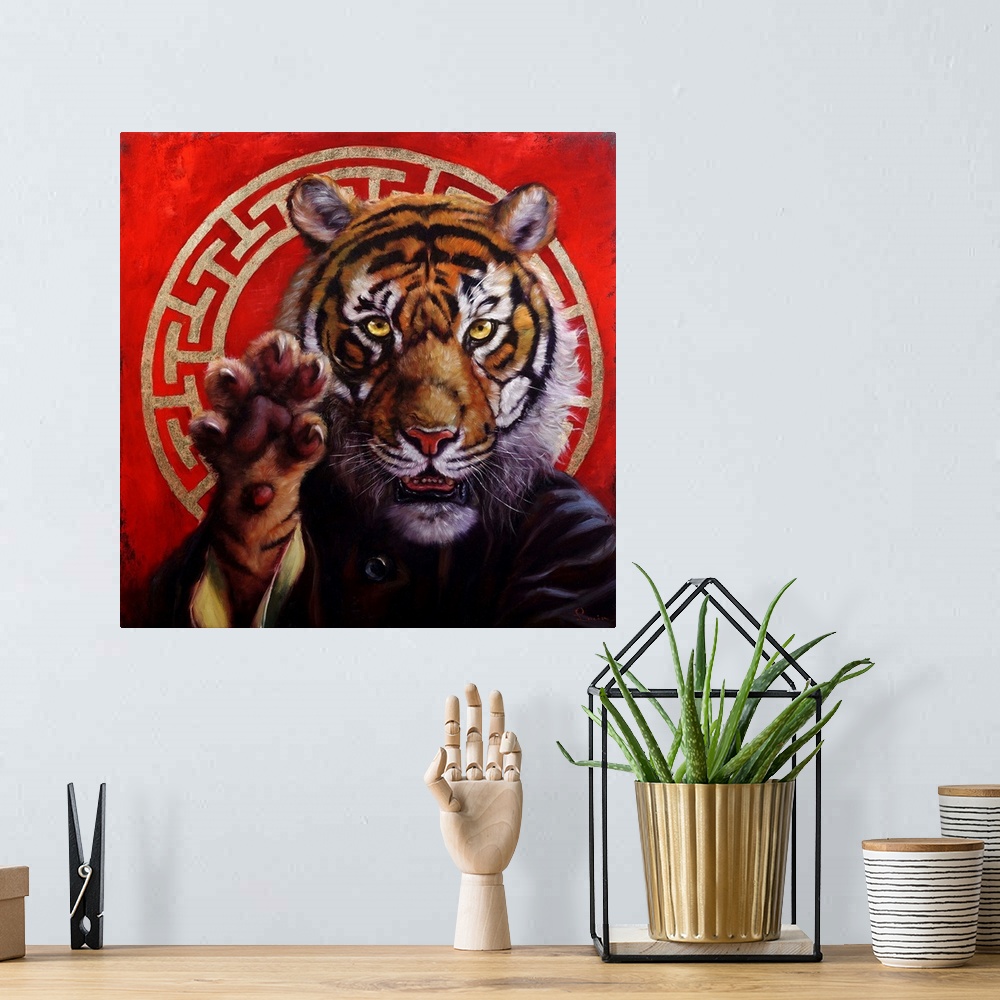 A bohemian room featuring A painting of a tiger with his claw outstretched.