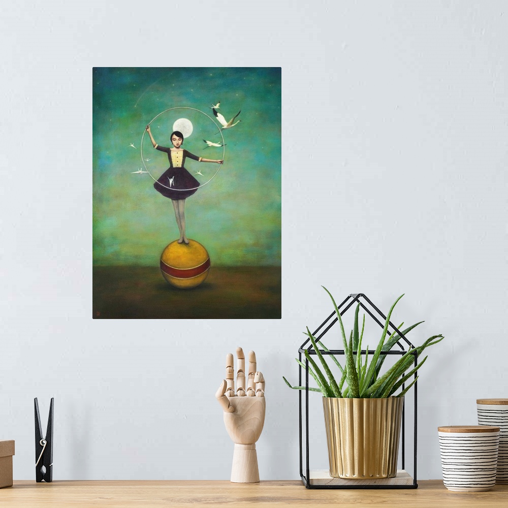A bohemian room featuring Contemporary surreal artwork of a woman with a hoop and birds balancing on a yellow ball.
