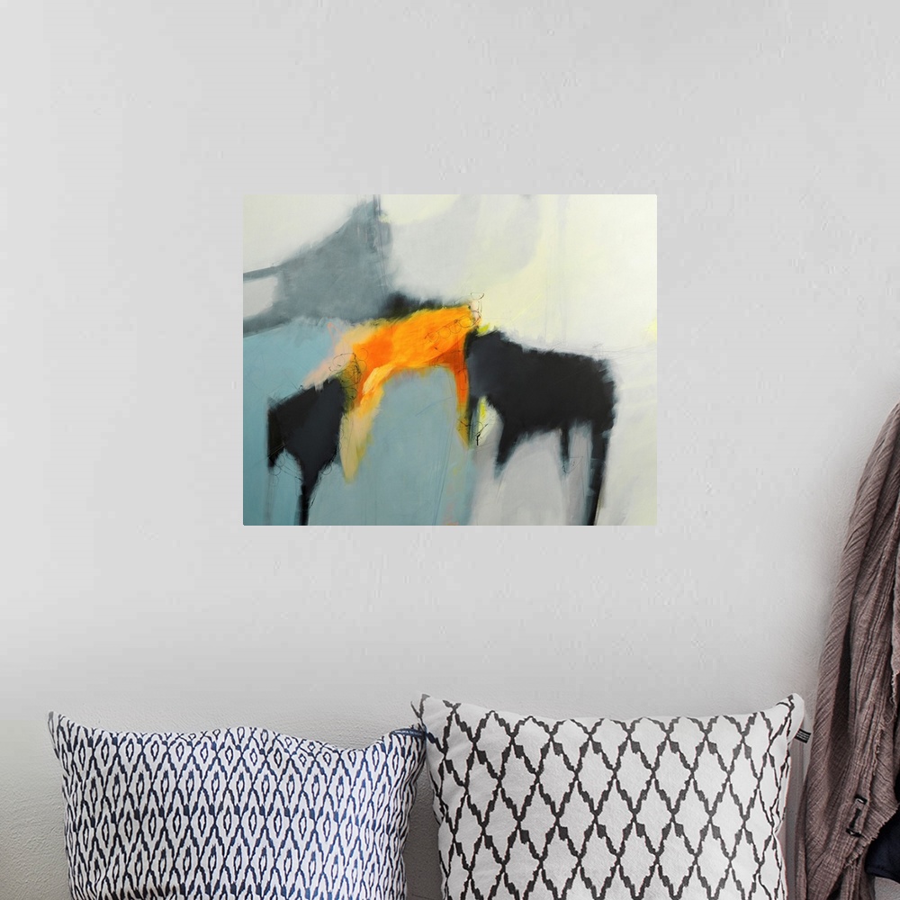 A bohemian room featuring A contemporary abstract painting using wonderful shapes and colors.