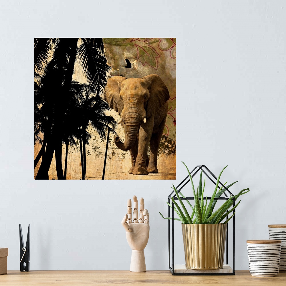 A bohemian room featuring A square mixed media image of an elephant and palm trees.