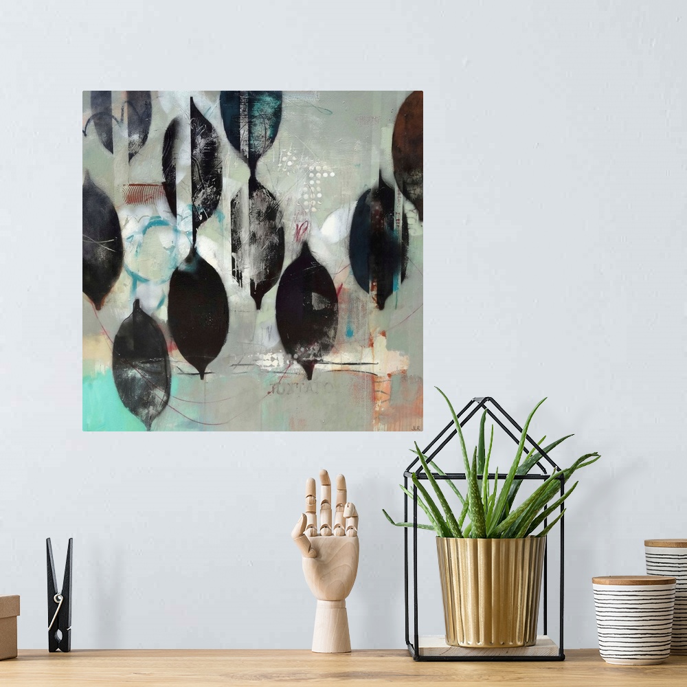 A bohemian room featuring A contemporary abstract painting using mostly gray for the background with black organic shapes i...