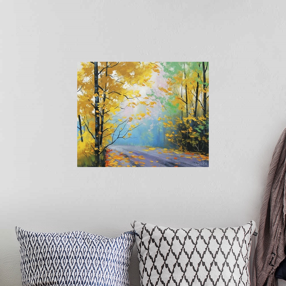 A bohemian room featuring Contemporary painting of an idyllic countryside road cutting through autumn foliage.