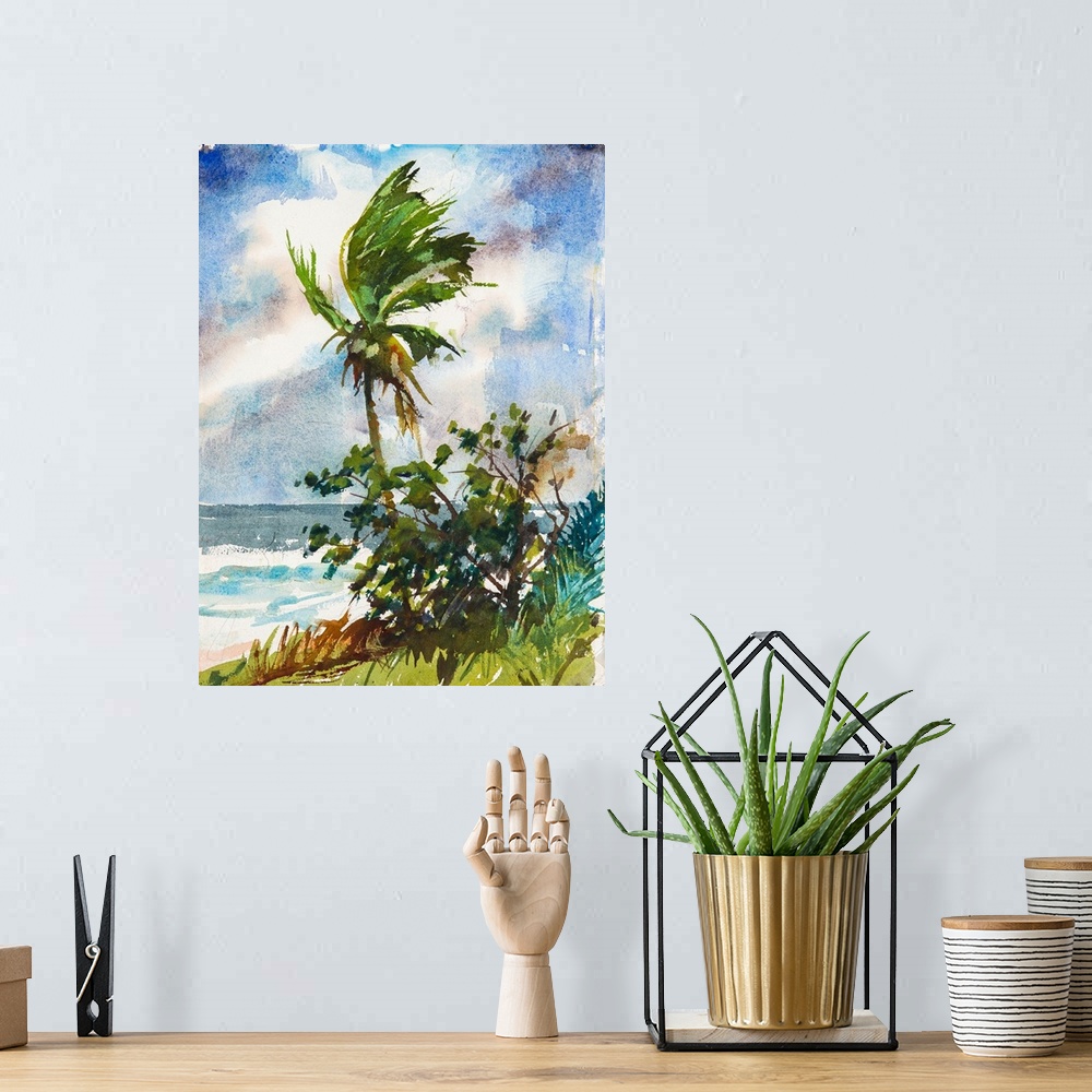A bohemian room featuring Painting of wind blowing through the leaves of a palm tree.