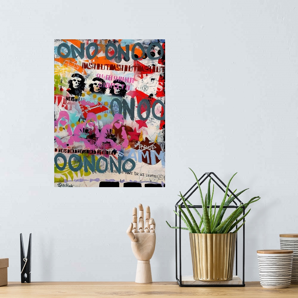 A bohemian room featuring Abstract vertical collage of text and varies painted shapes.