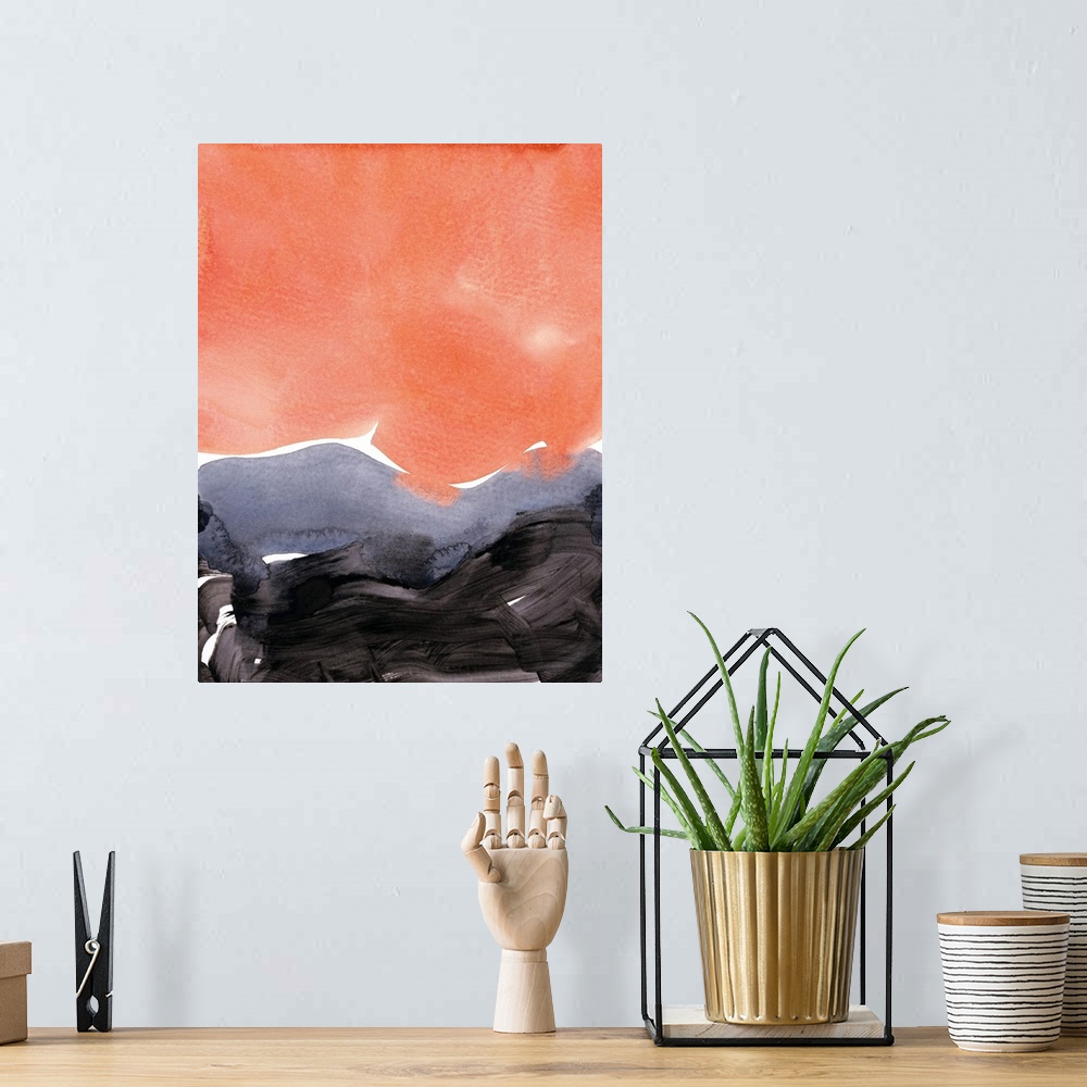 A bohemian room featuring A vertical abstract painting with brushstrokes in colors of black and orange.