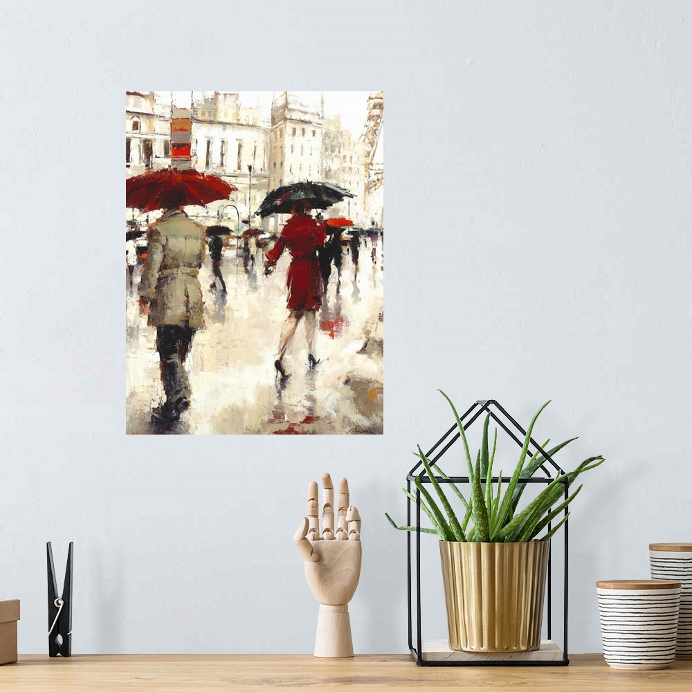 A bohemian room featuring Contemporary painting of people walking under umbrellas in a rainy day.