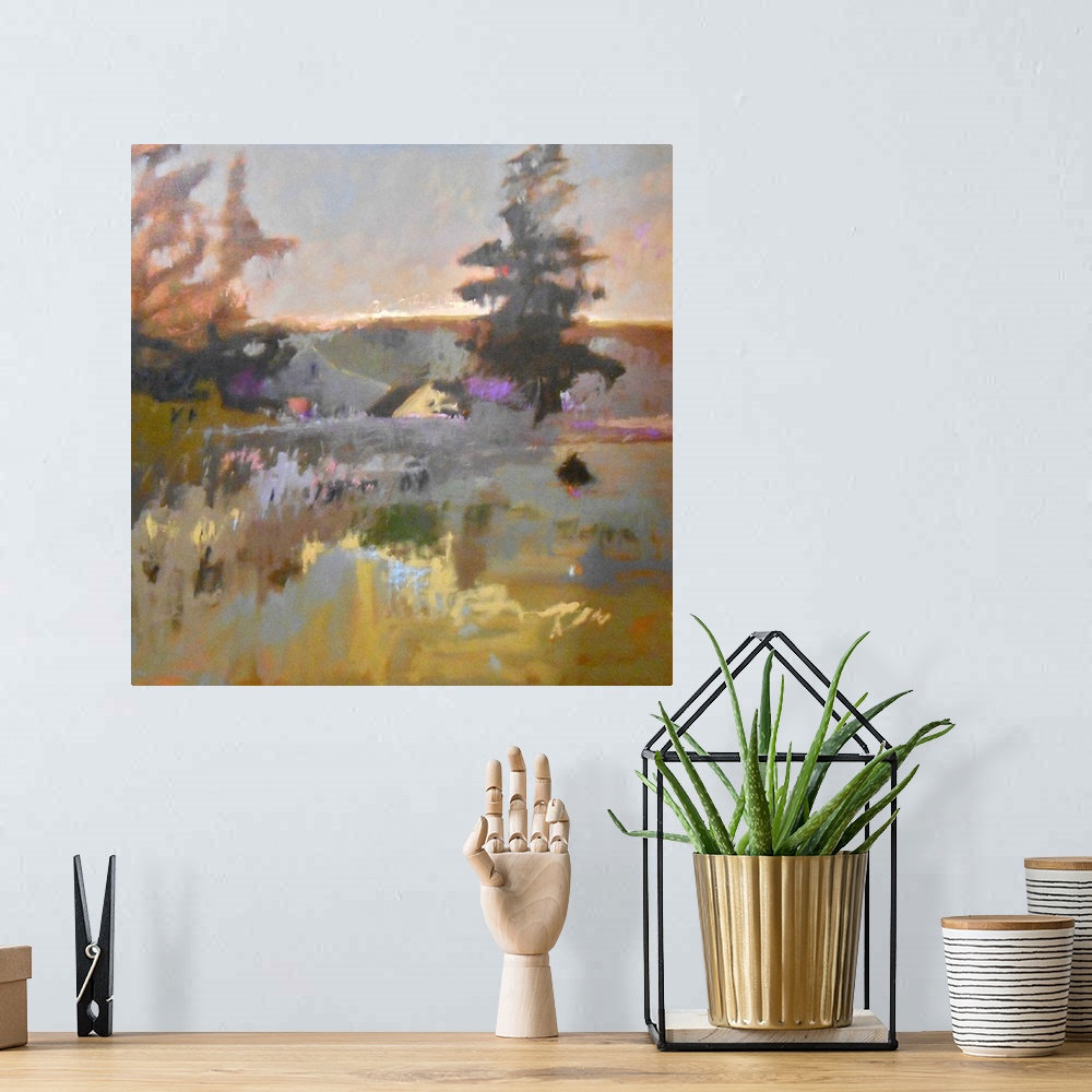 A bohemian room featuring Colorful contemporary landscape painting using muted tones.