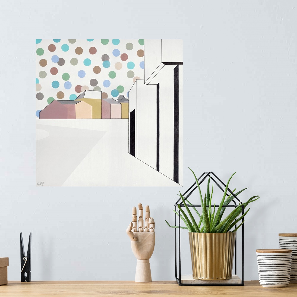 A bohemian room featuring Square modern contemporary painting of buildings with multi-colored dots in the sky.