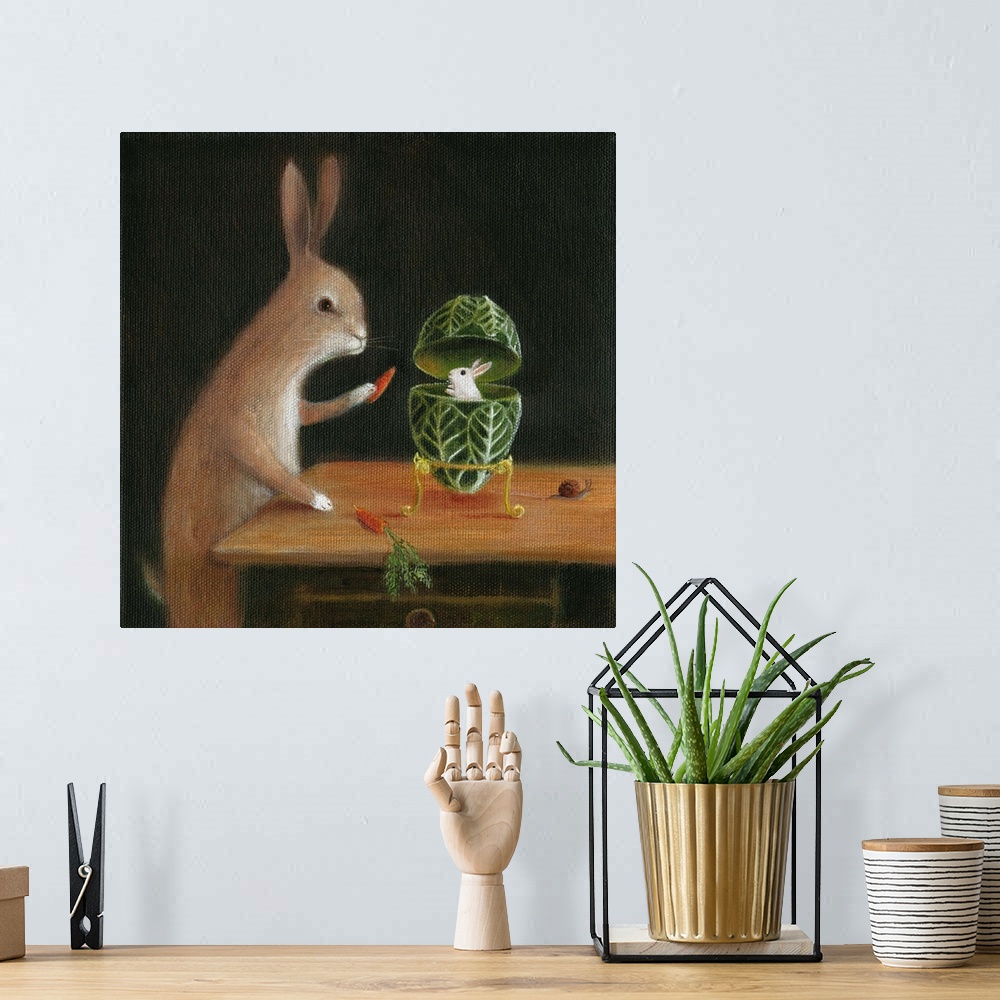 A bohemian room featuring Whimsical artwork featuring a rabbit and a faberge egg.