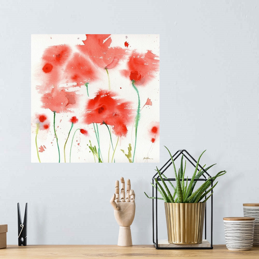 A bohemian room featuring Contemporary watercolor painting of poppies.