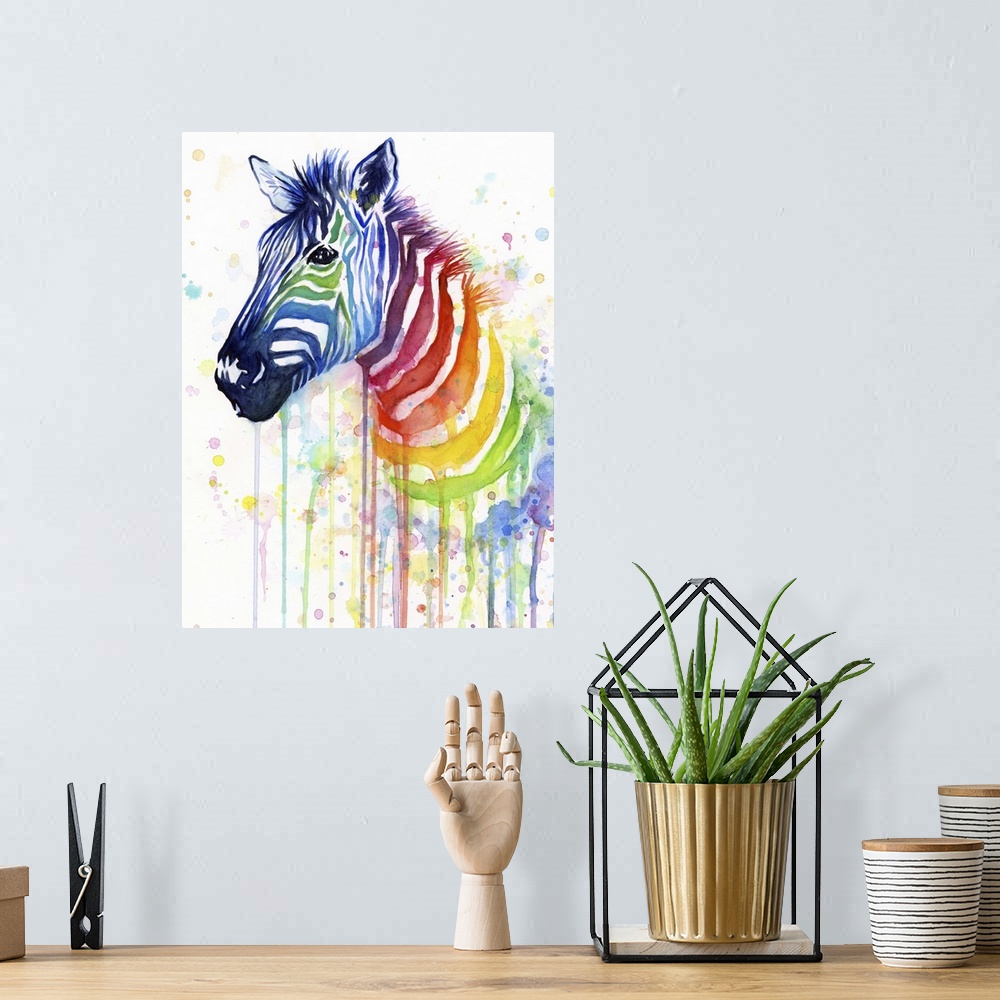 A bohemian room featuring A contemporary watercolor painting of a zebra with a the stripes running down the neck becoming a...