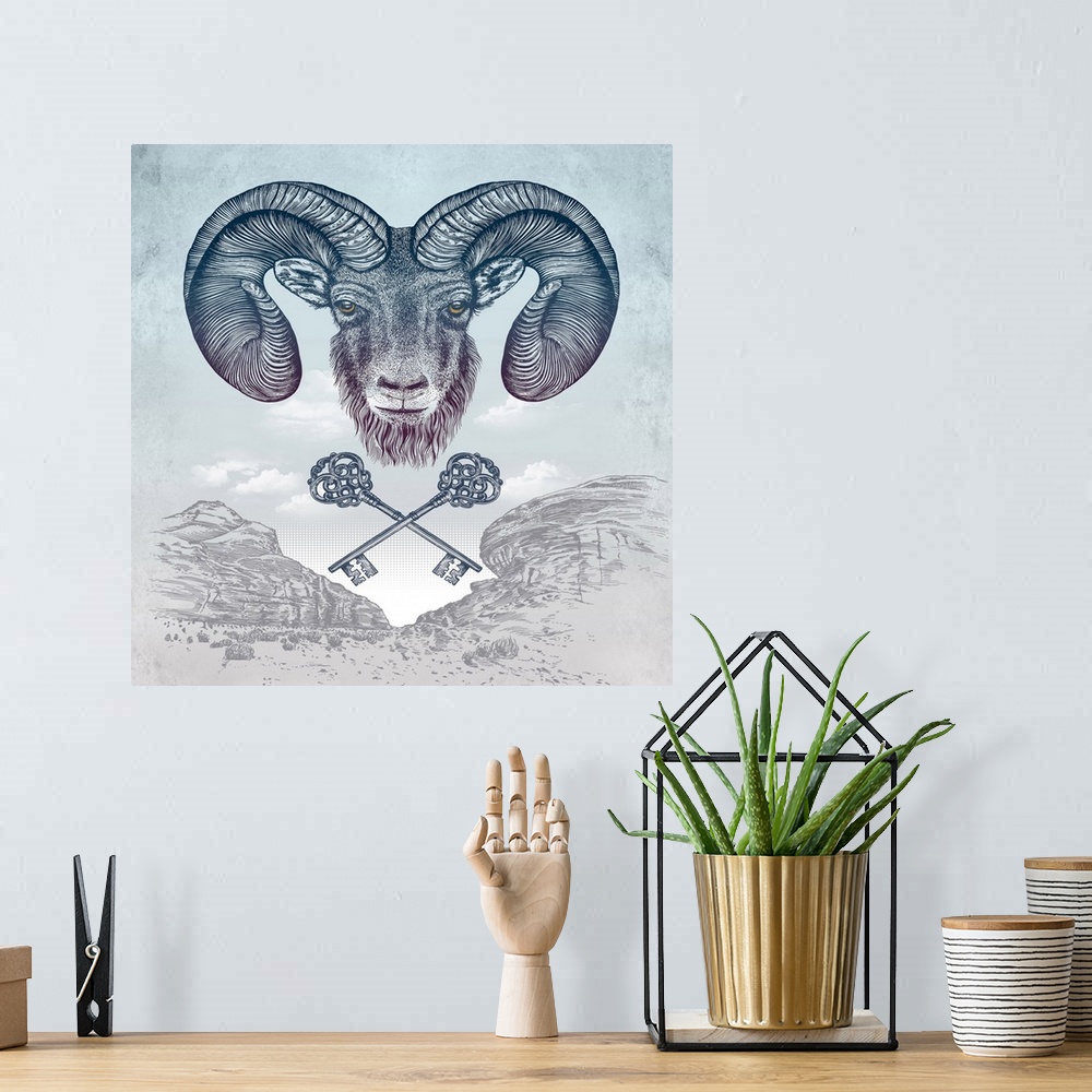 A bohemian room featuring A digital illustration of a ram in the sky above red rock mountains and a pair of keys.