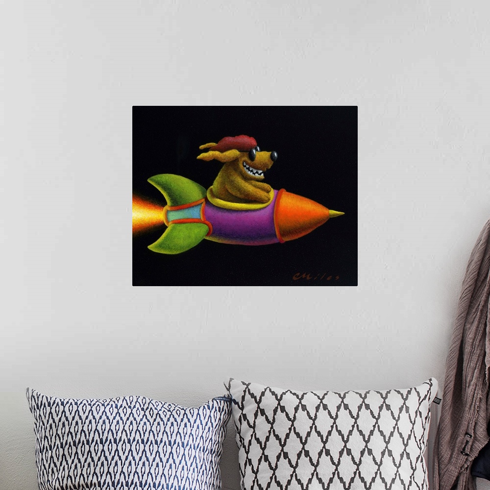 A bohemian room featuring Humorous contemporary painting of a dog in sunglasses riding in a rocket.