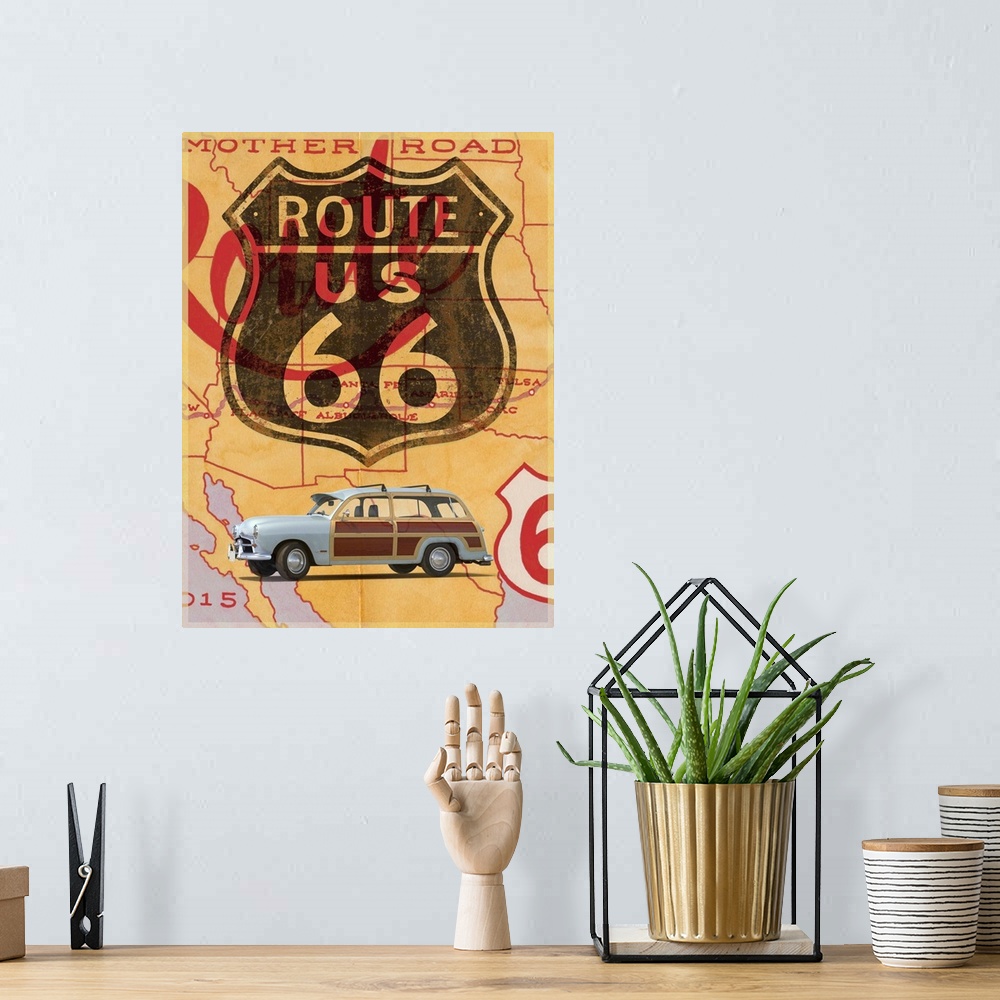 A bohemian room featuring Route 66 Vintage Postcard