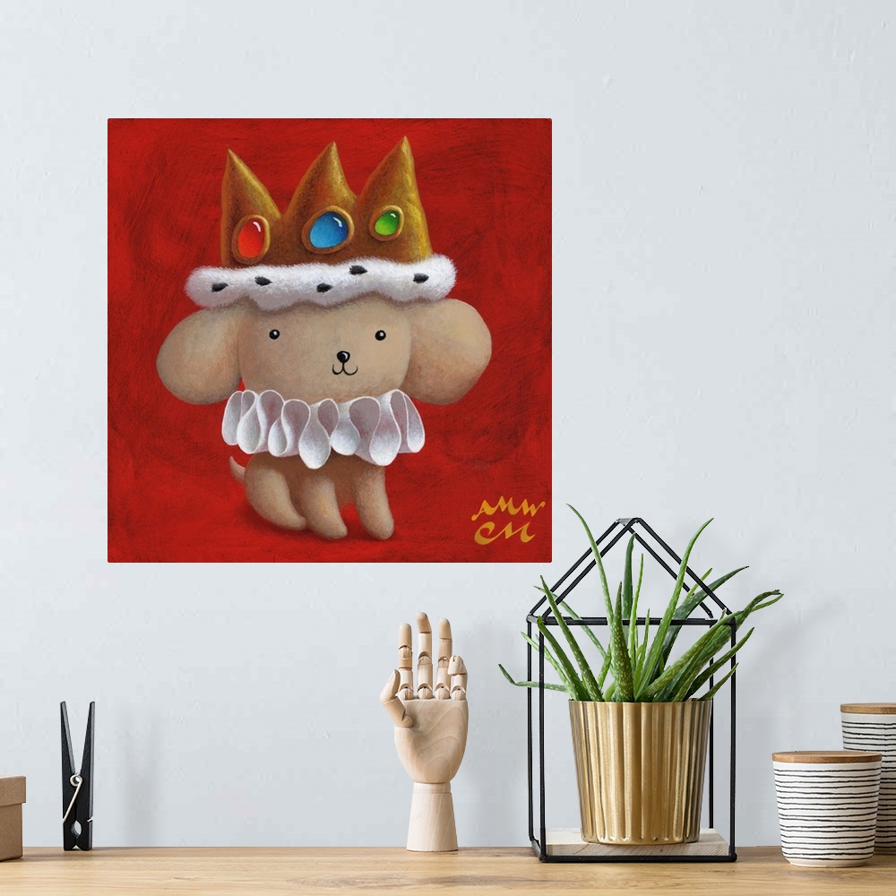 A bohemian room featuring Whimsical contemporary painting of a dog dresses as royalty.