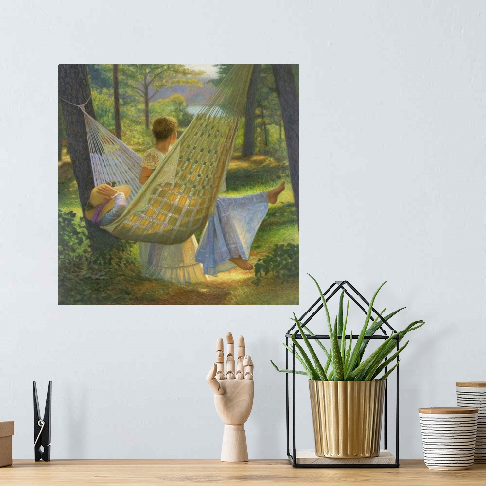 A bohemian room featuring Classical painting of a two children playing on a hammock.