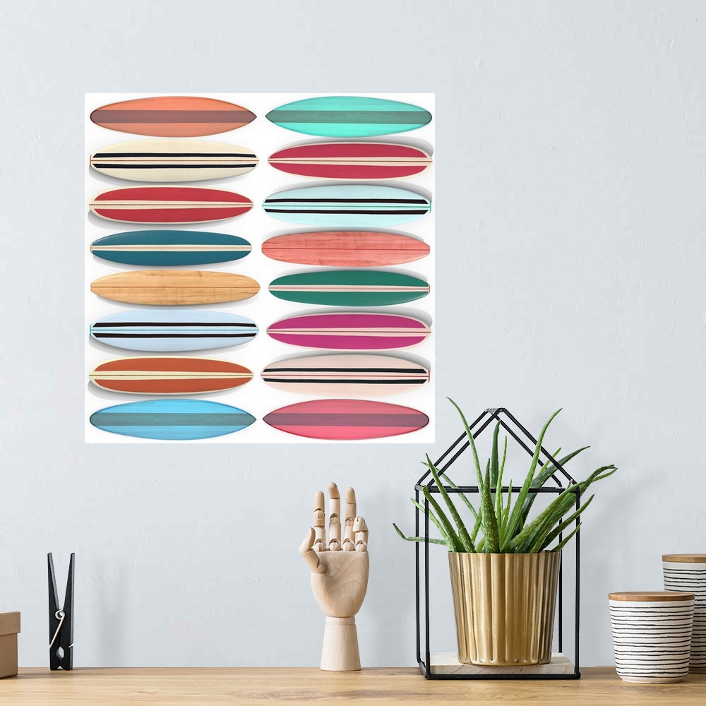A bohemian room featuring Pattern of colorful surfboards, square format.