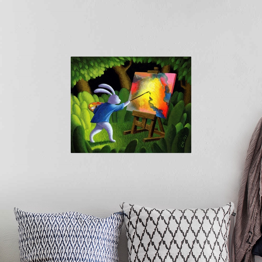 A bohemian room featuring Portrait of a rabbit painting an abstract art piece in the woods.