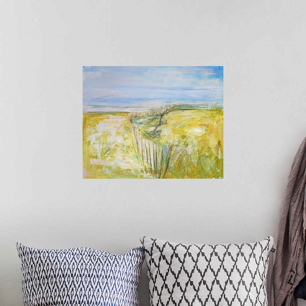 A bohemian room featuring Abstract beachscape with beachgrass painted in bright citron yellow.