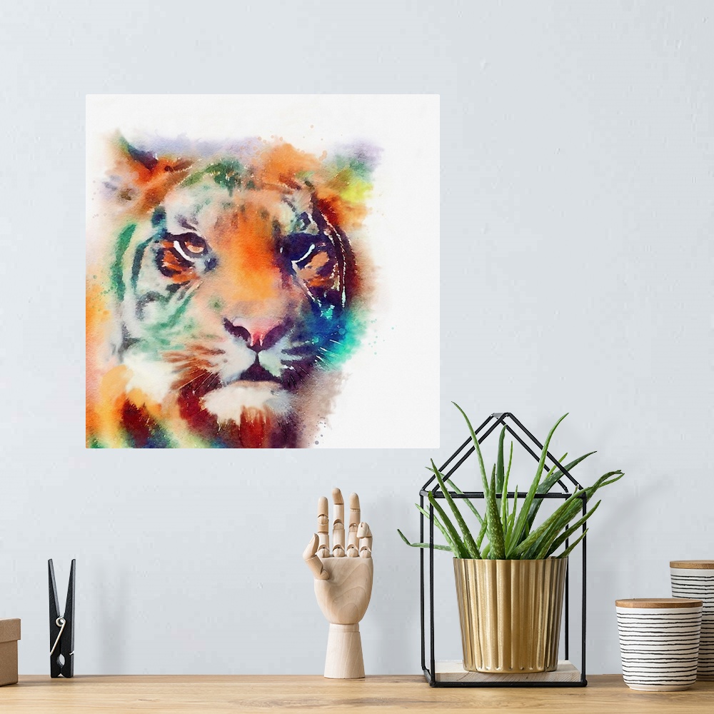 A bohemian room featuring A watercolor painting of a tiger in vivid multi-colors.