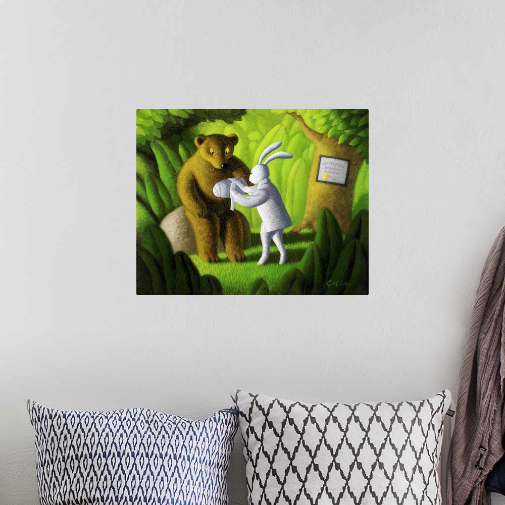 A bohemian room featuring Funny painting of a rabbit playing doctor to a bear.