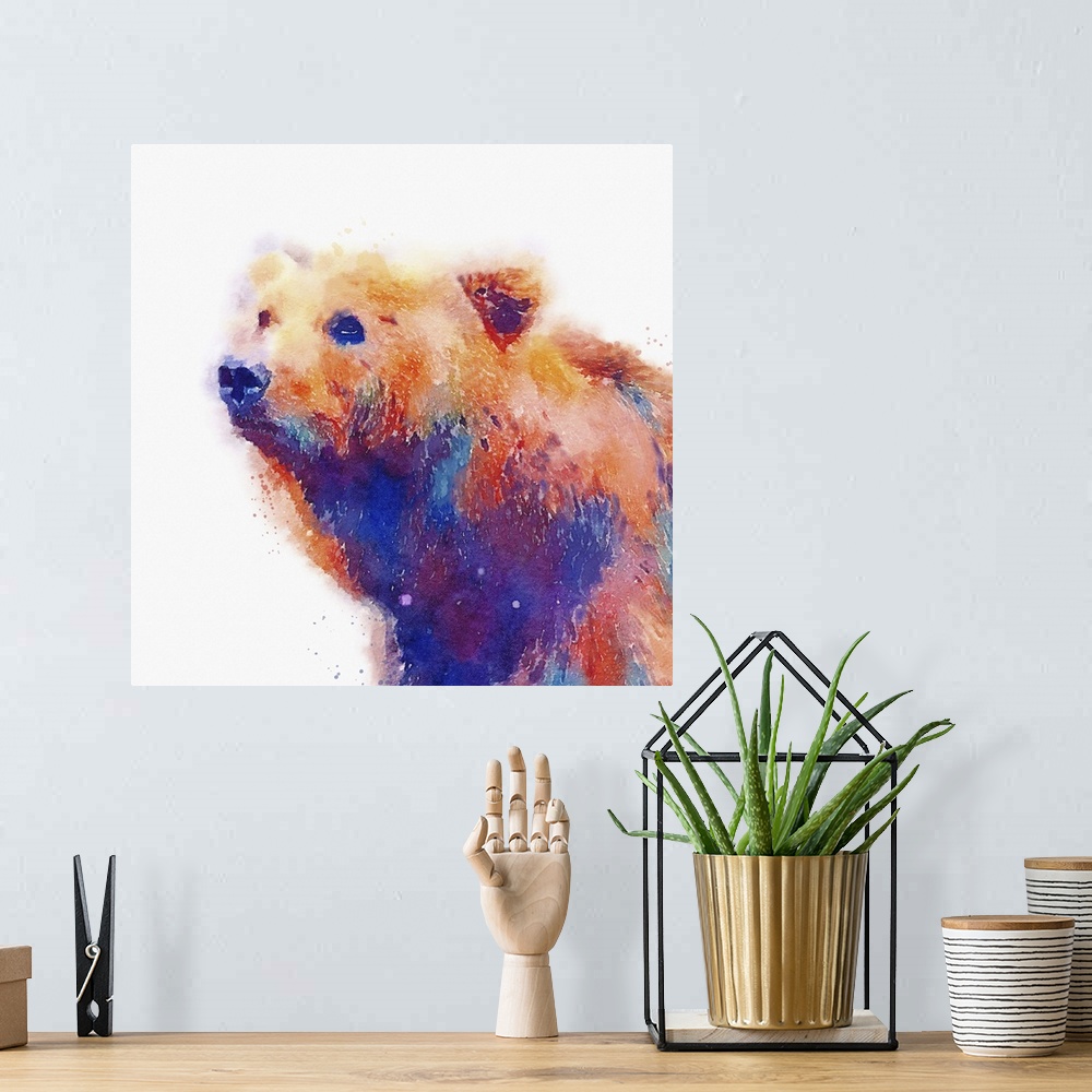 A bohemian room featuring A watercolor painting of a bear in vivid multi-colors.