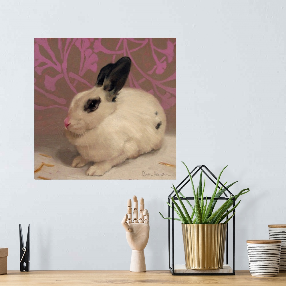 A bohemian room featuring Contemporary painting of a white rabbit with black ears resting in front of a purple floral wall.
