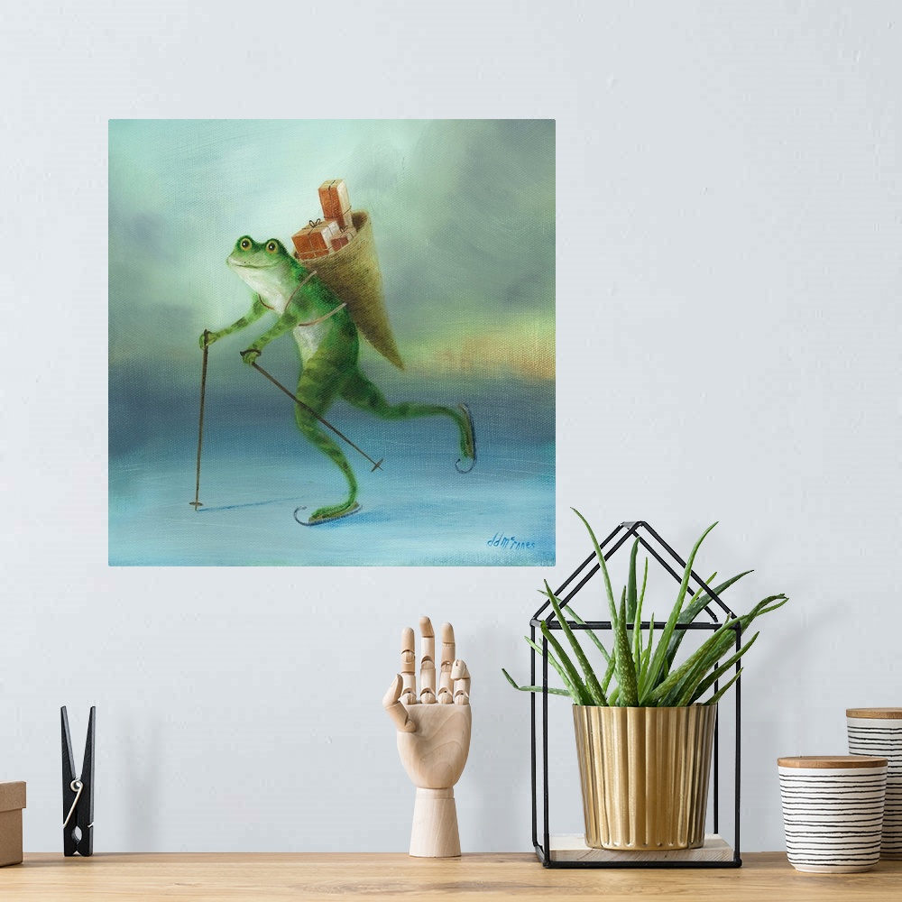 A bohemian room featuring Whimsical artwork featuring a frog ice skating.