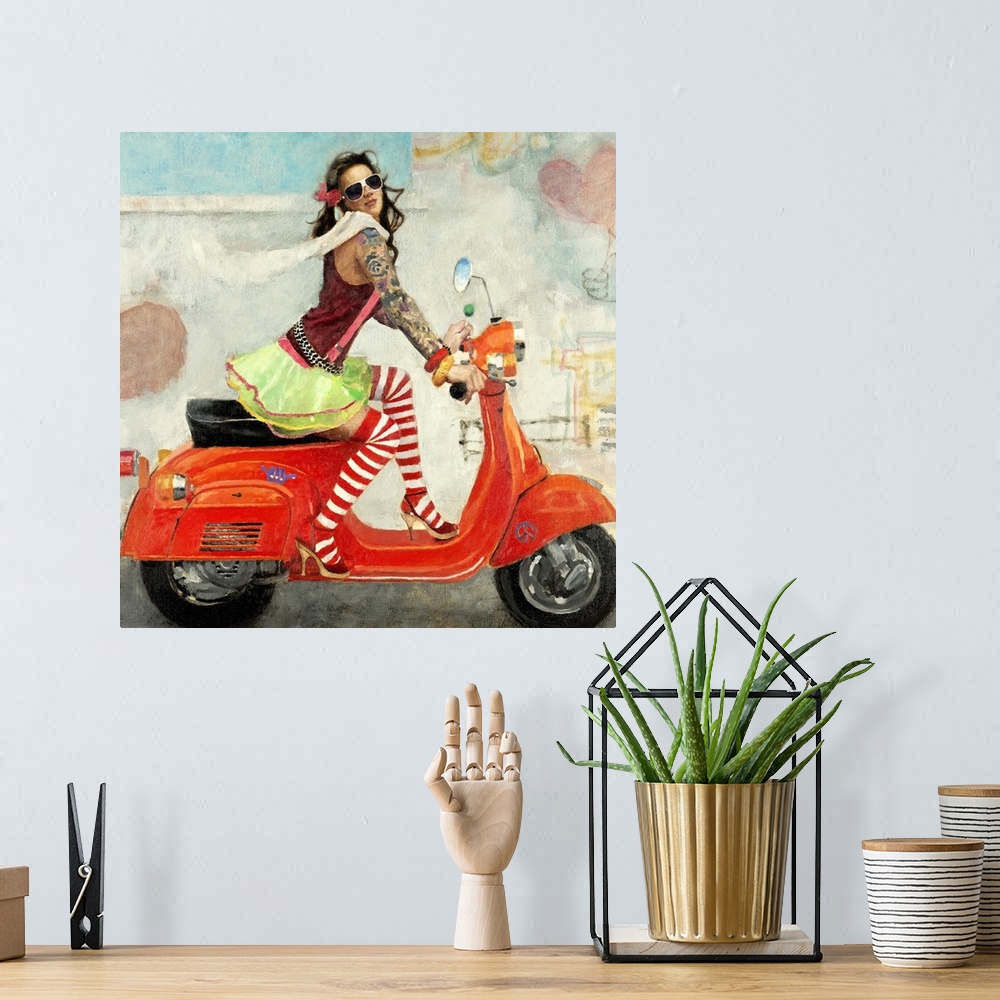 A bohemian room featuring Contemporary artwork of a woman wearing mismatched clothing riding a bright red scooter.