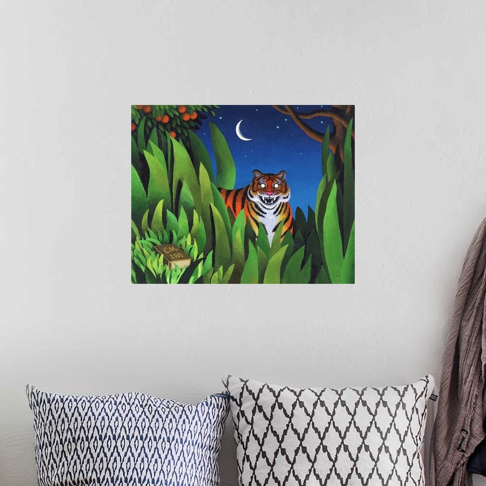 A bohemian room featuring Whimsical painting of tiger in the jungle at night.