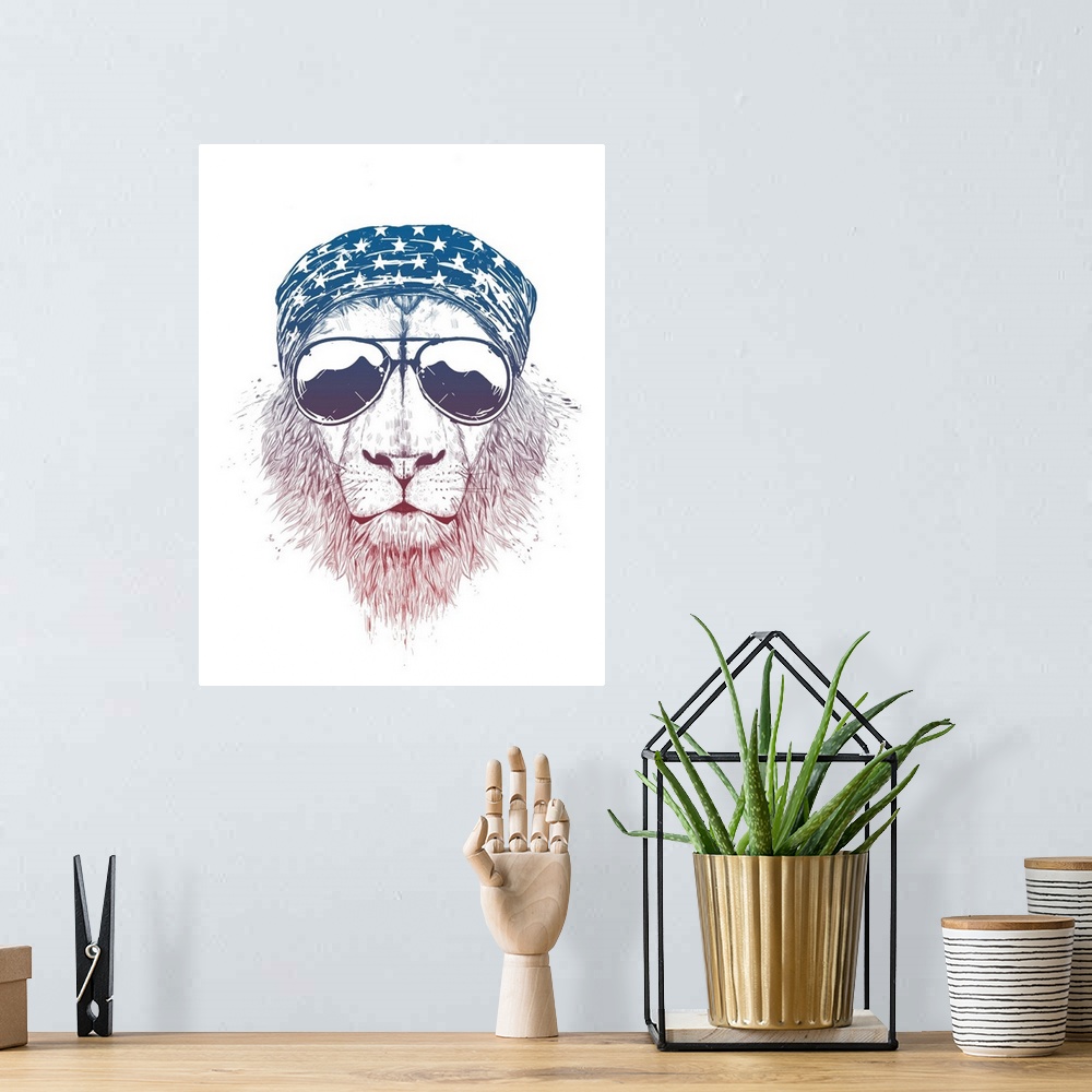 A bohemian room featuring Portrait of lion wearing aviator sunglasses and a star spangled bandana.
