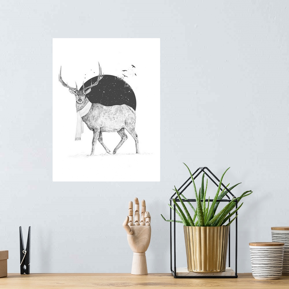 A bohemian room featuring Surrealistic portrait of a deer in winter wearing a scarf.