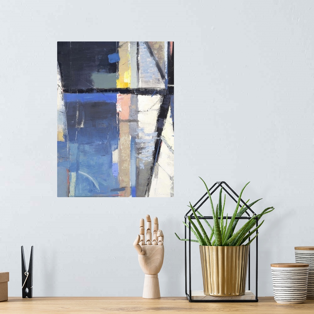 A bohemian room featuring Contemporary abstract painting using dominant cool tones.