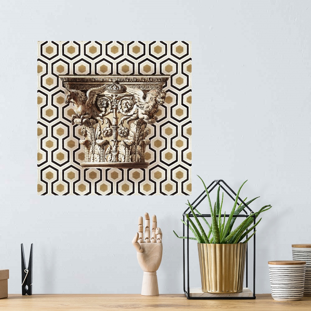 A bohemian room featuring A classical Greco-Roman column over a modern graphic background.